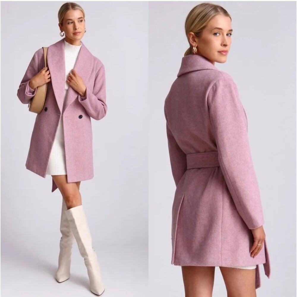 Avec Les Filles Dusty Pink Wool Blend Belted Shawl Collar Coat | XS